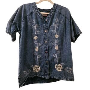 Vintage Premier International Floral Embroidered Denim Shirt Women's Size Small